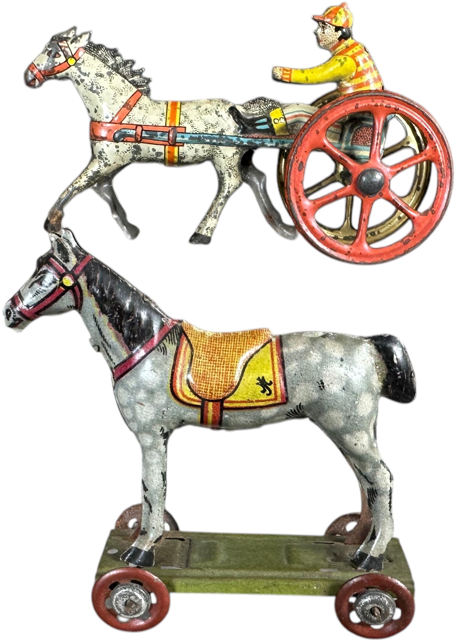 MEIER DAPPLED HORSE & SULKY PENNY TOYS: 143. MEIER DAPPLED HORSE & SULKY PENNY TOYS | Germany, lithographed tinplate. | 4" l. | (Excellent Condition) | $150 - $300