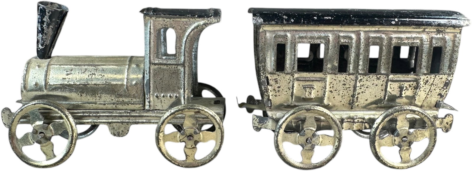 MEIER LOCOMOTIVE AND COACH PENNY TOY: 153. MEIER LOCOMOTIVE AND COACH PENNY TOY | Germany. | 3" l. loco | (Excellent to Pristine Condition) | $150 - $300