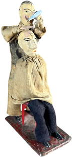 FERNAND MARTIN BARBER: 249. FERNAND MARTIN BARBER | France, wind-up. L'Artiste Capillaire, circa 1904, wind-up action of barber pouring shaving cream & rapidly spreading it onto customers bald head. | 8.5" h. | Chair & barb