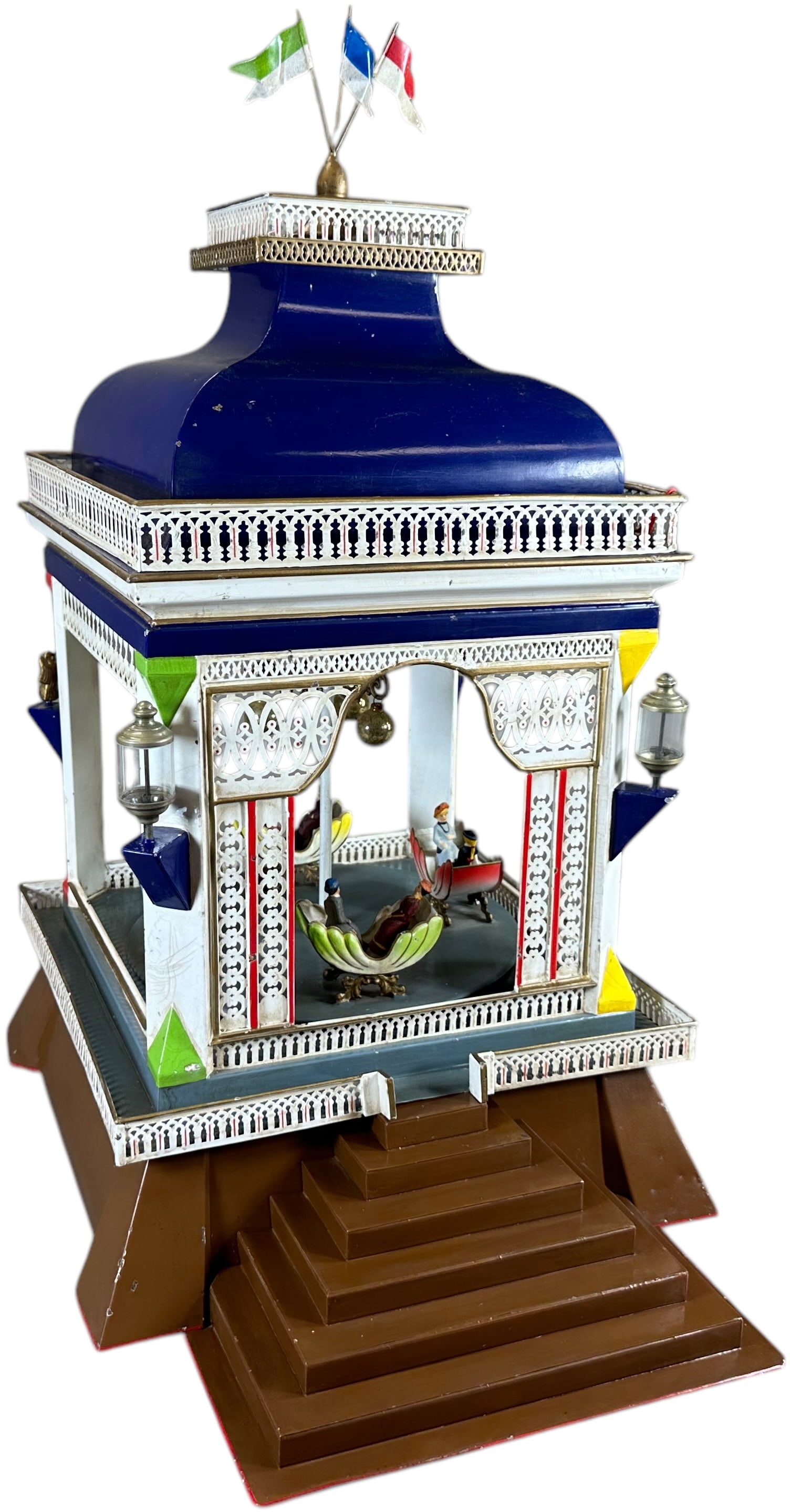 ENORMOUS GAZEBO THE WHIP AMUSEMENT CAROUSEL: 278. ENORMOUS GAZEBO THE WHIP AMUSEMENT CAROUSEL | Germany, hand painted, hand crank mechanism causes the whip to rotate. | 29" h. | Contemporary, (Excellent Condition) | $500 - $1,000