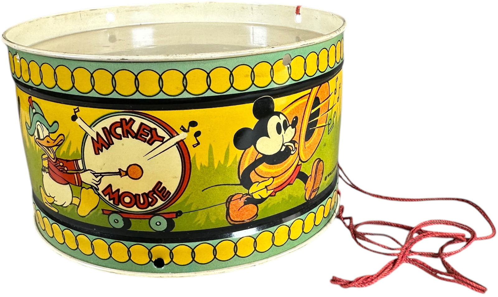 WALT DISNEY MICKEY MOUSE DRUM: 321. WALT DISNEY MICKEY MOUSE DRUM | Made by Ohio Art. | 10" l. | (Pristine Condition) | $100 - $200