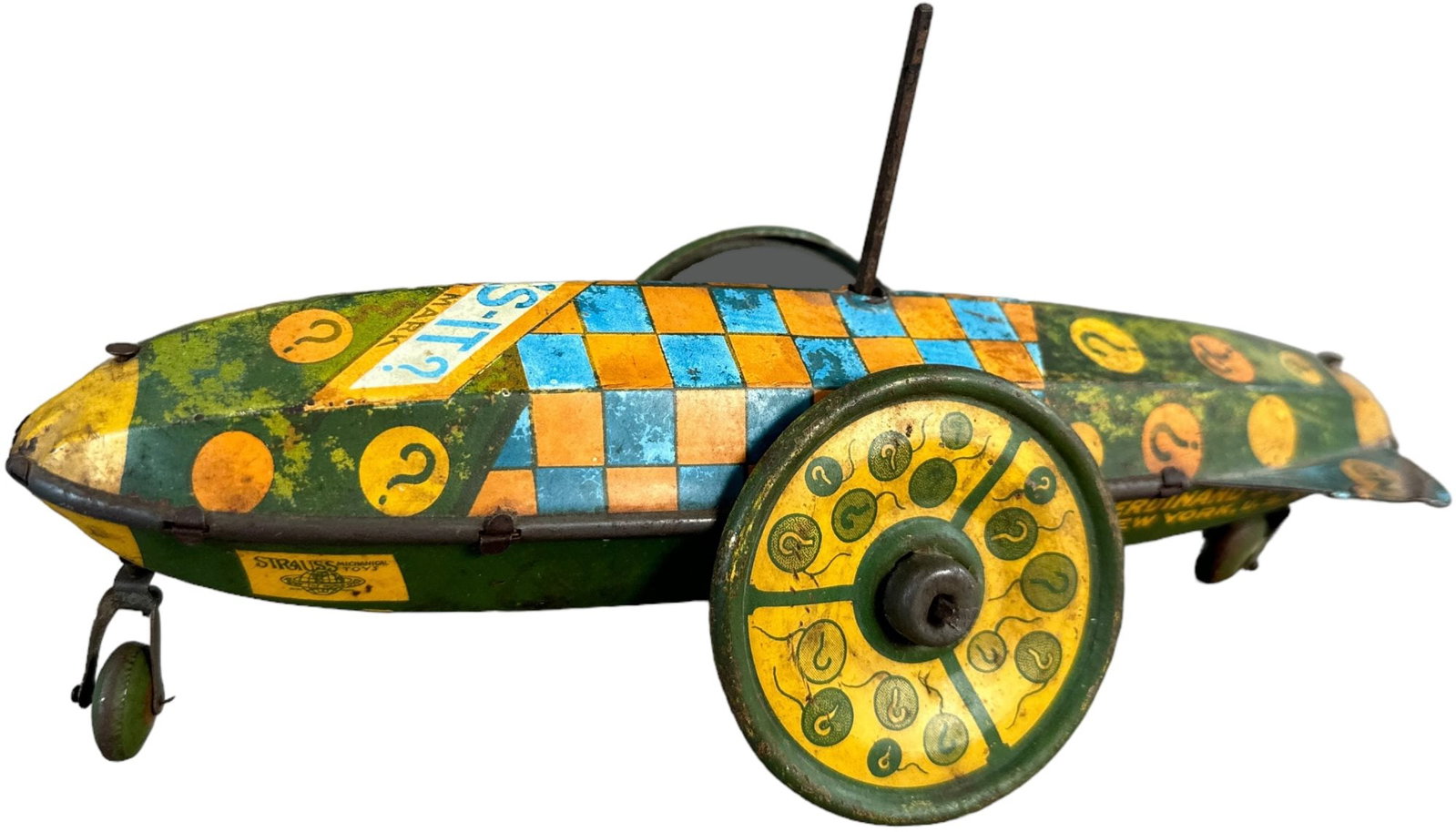FERDINAND STRAUSS WHAT IS IT TRICK AUTO: 360. FERDINAND STRAUSS WHAT IS IT TRICK AUTO | 9.5" l. | Missing figure, spring is present but needs adjustment to wind the toy, (Very Good Condition) | $150 - $300
