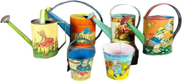 LITHOGRAPHED CHILDRENS SAND PAILS & WATER CANS