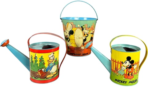 THREE DISNEY OHIO ART WATER CANS & SAND PAIL