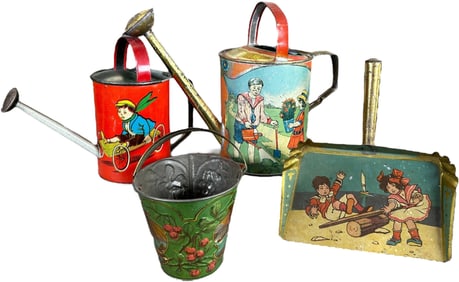 EARLY LITHO PAIL W/ WATER CANS & DUSTPAN