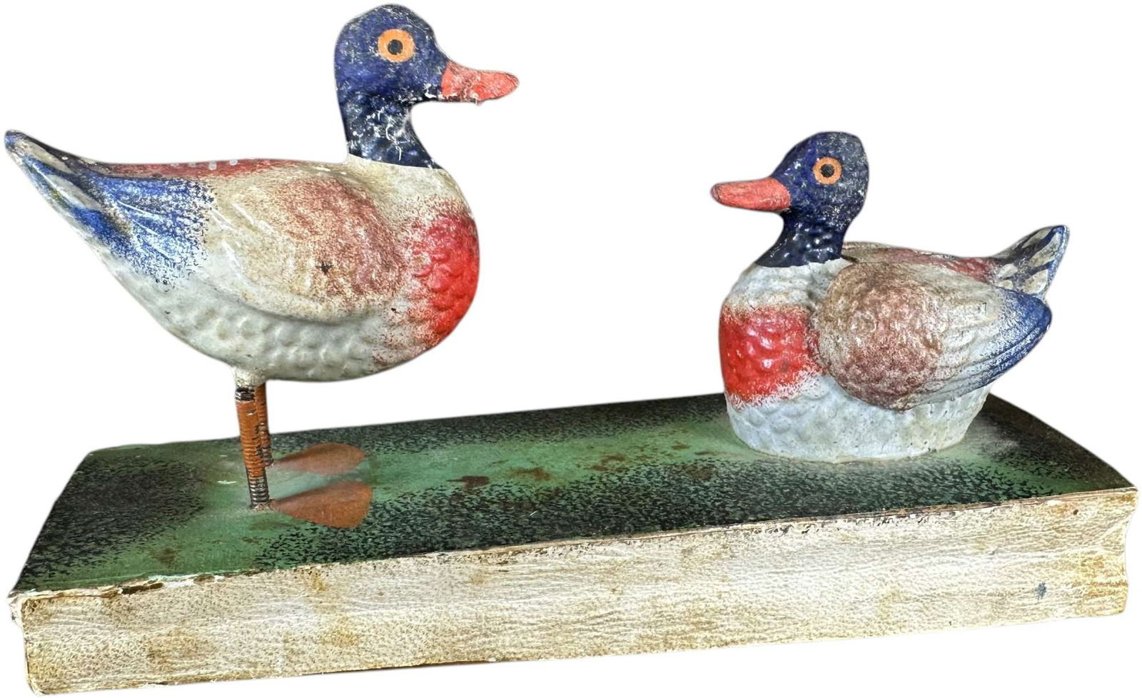 DUO OF DUCKS ON PLATFORM SQUEAK TOY: 28. DUO OF DUCKS ON PLATFORM SQUEAK TOY | Germany, nice and colorful, standing duck has spring legs which allows bobble motion, compress bottom bellows for squeak. The Curtis & Linda Smith Collection.