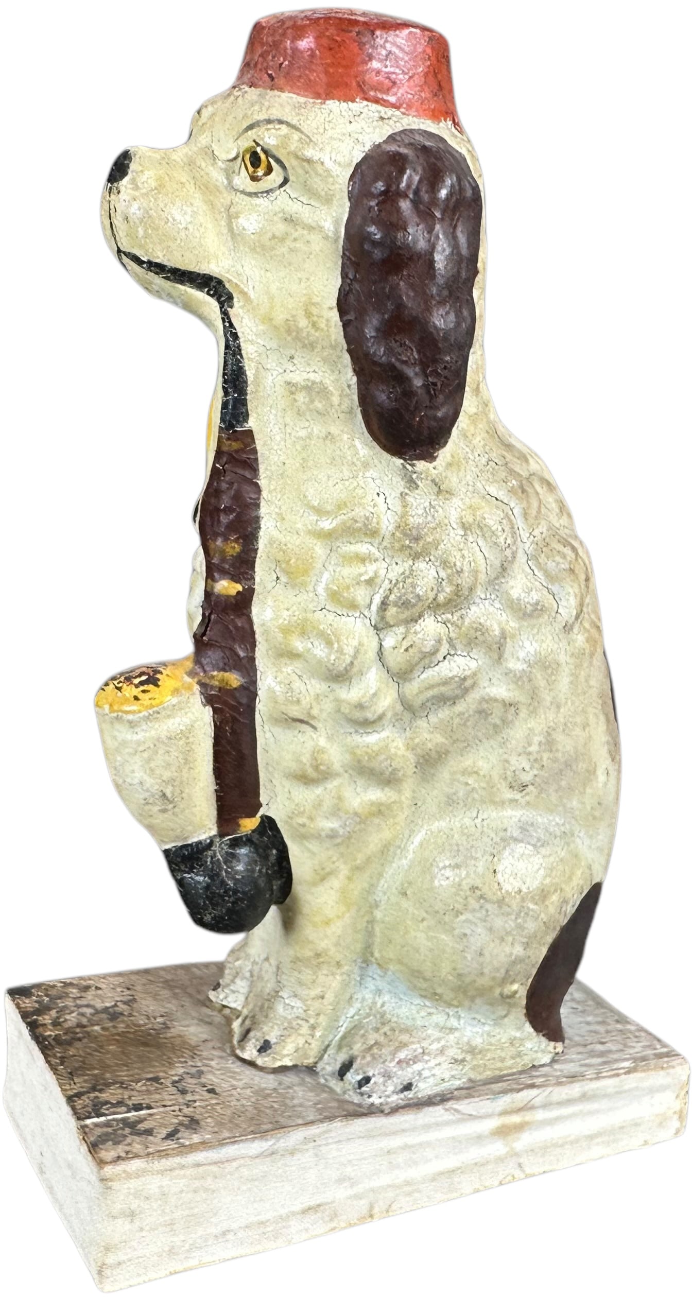 DOG WITH FEZ SQUEAK TOY: 55. DOG WITH FEZ SQUEAK TOY | Germany, compress bottom bellows for squeak. The Curtis & Linda Smith Collection. 7" h. | Small spot of touchup on one paw, (Excellent Condition) | $400 - $800