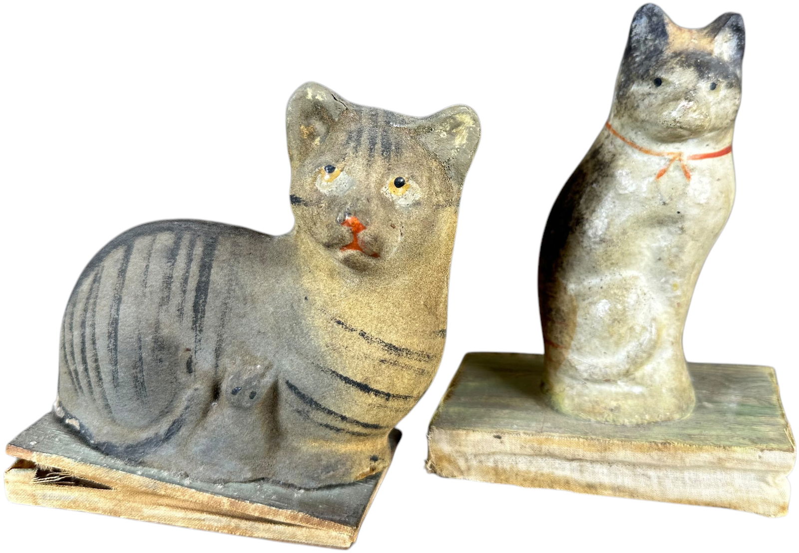 TWO SEATED KITTEN SQUEAK TOYS: 56. TWO SEATED KITTEN SQUEAK TOYS | Germany, compress bottom bellows for squeak. The Curtis & Linda Smith Collection. 5" h. | Ears repaired and bellows split on small cat, (Very Good to Excellent Cond