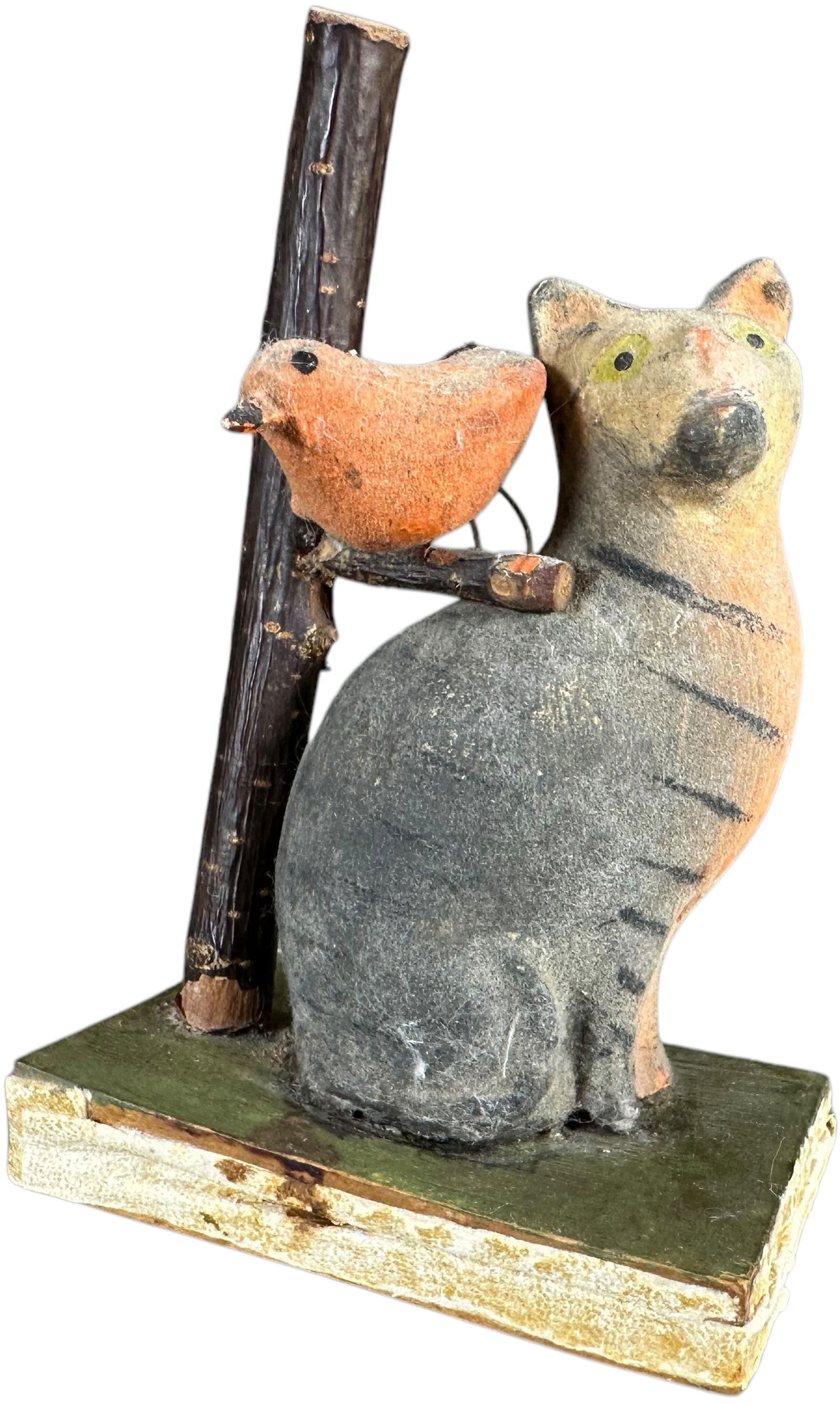 CAT W/ BIRD AT TREE SQUEAK TOY: 58. CAT W/ BIRD AT TREE SQUEAK TOY | Germany, compress bottom bellows for squeak. The Curtis & Linda Smith Collection. 5" h. | Hole in bellows, (Very Good to Excellent Condition) | $300 - $600