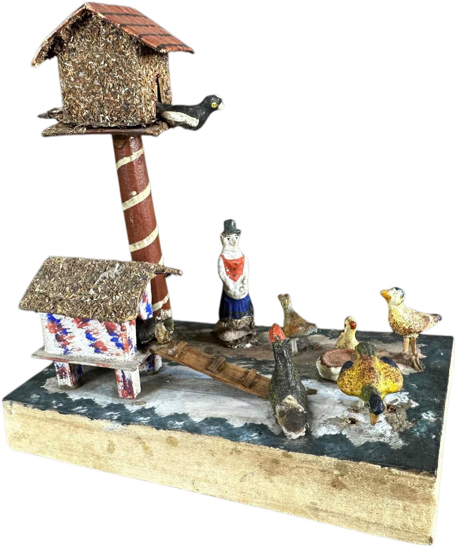 WOMAN AT BIRD HOUSE DELUXE SQUEAK TOY: 60. WOMAN AT BIRD HOUSE DELUXE SQUEAK TOY | Germany, large and very detailed, very fragile item is amazingly all original and nearly complete, compress bottom bellows for squeak. The Curtis & Linda Sm