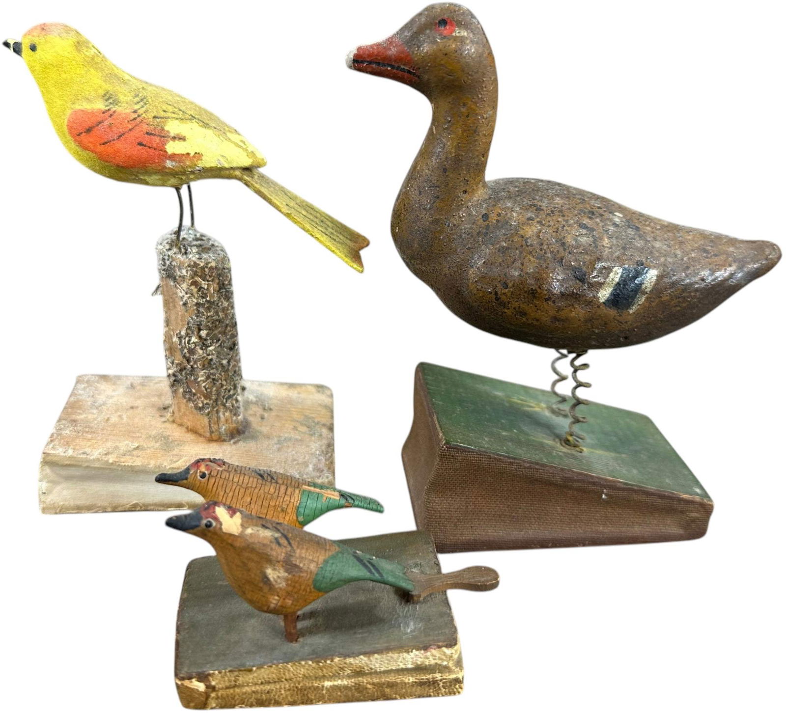 BIRDS AND DUCK SQUEAK TOYS: 88. BIRDS AND DUCK SQUEAK TOYS | Germany, compress bottom bellows for squeak. The Curtis & Linda Smith Collection. 5.5" h. | Smallest two birds example is not squeaking, otherwise overall (Very Good t