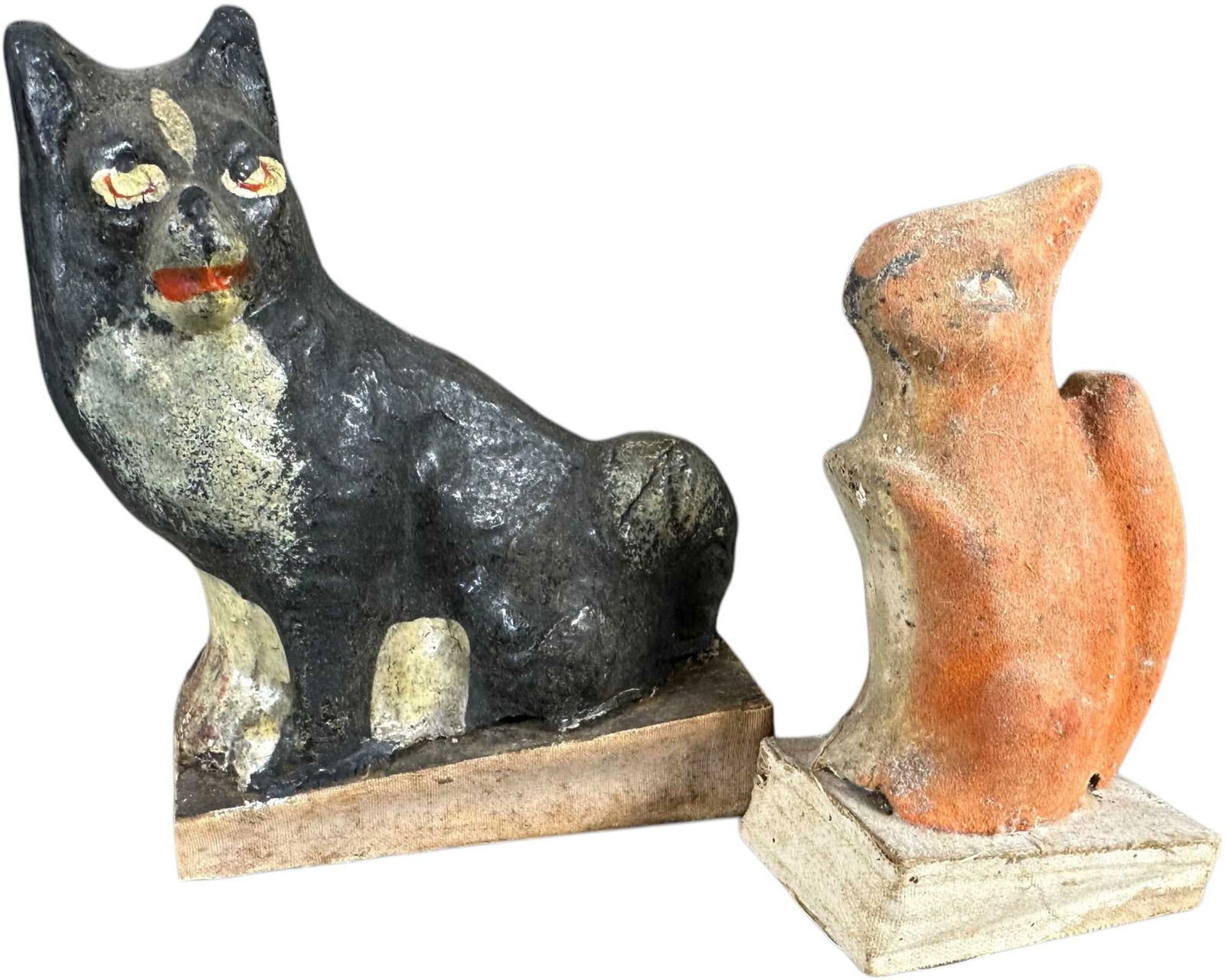 WOLF AND SQUIRREL SQUEAK TOYS: 89. WOLF AND SQUIRREL SQUEAK TOYS | Germany, compress bottom bellows for squeak. The Curtis & Linda Smith Collection. 5" h. | Some touchup to ears on wolf, (Very Good to Excellent condition) | $300 -