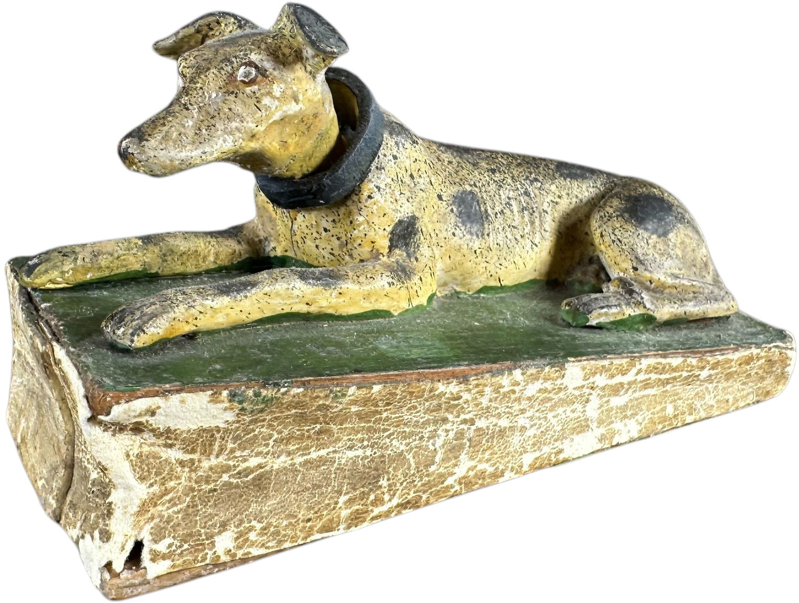 SPOTTED DOG NODDING HEAD SQUEAK TOY: 118. SPOTTED DOG NODDING HEAD SQUEAK TOY | Germany, compress bottom bellows for squeak, dog nods his head. The Curtis & Linda Smith Collection. 5" l. | Ears and one front leg are repaired, (Very Good