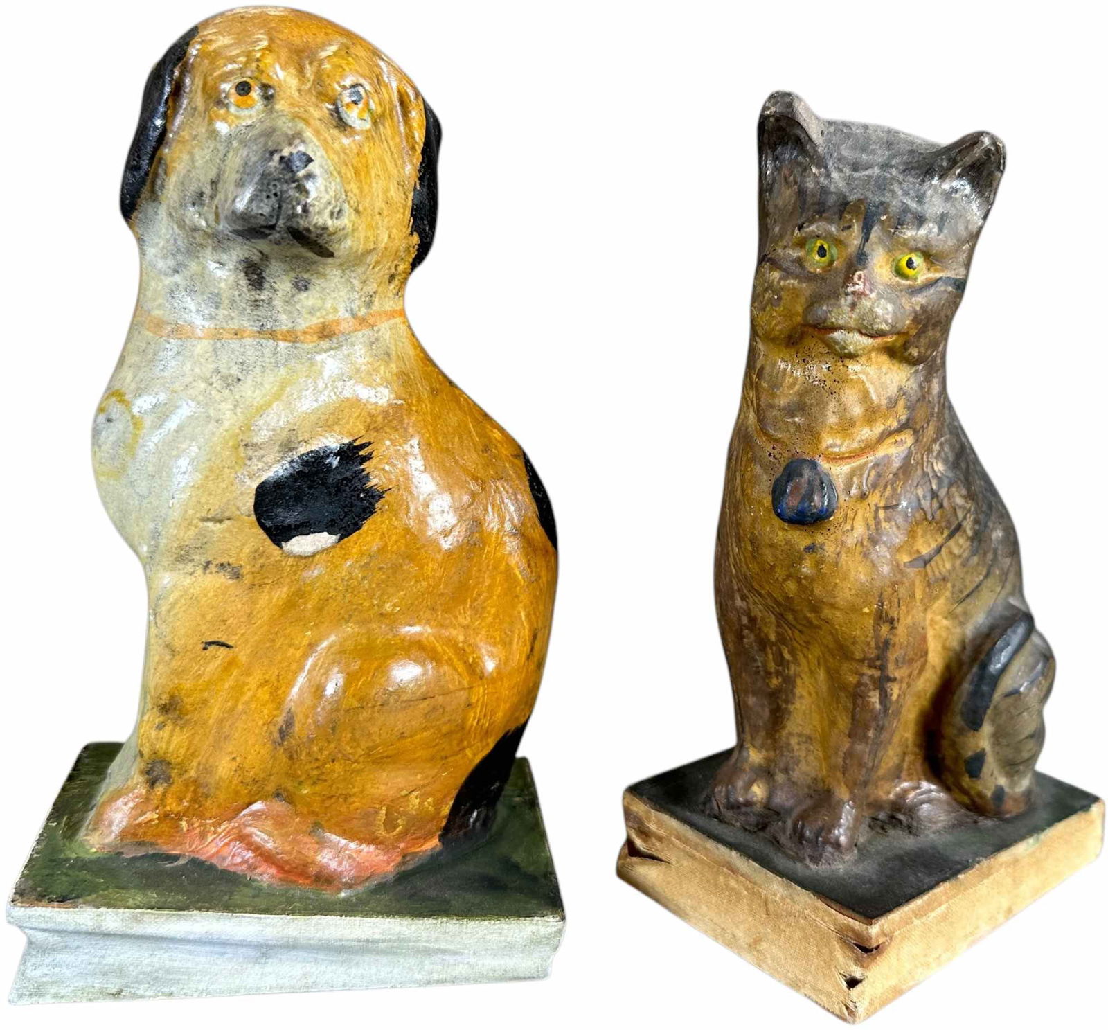 SEATED DOG AND CAT SQUEAK TOYS: 119. SEATED DOG AND CAT SQUEAK TOYS | Germany, compress bottom bellows for squeak. The Curtis & Linda Smith Collection. 6" h. | Some professional enhancements in areas on both, overall displaying in (