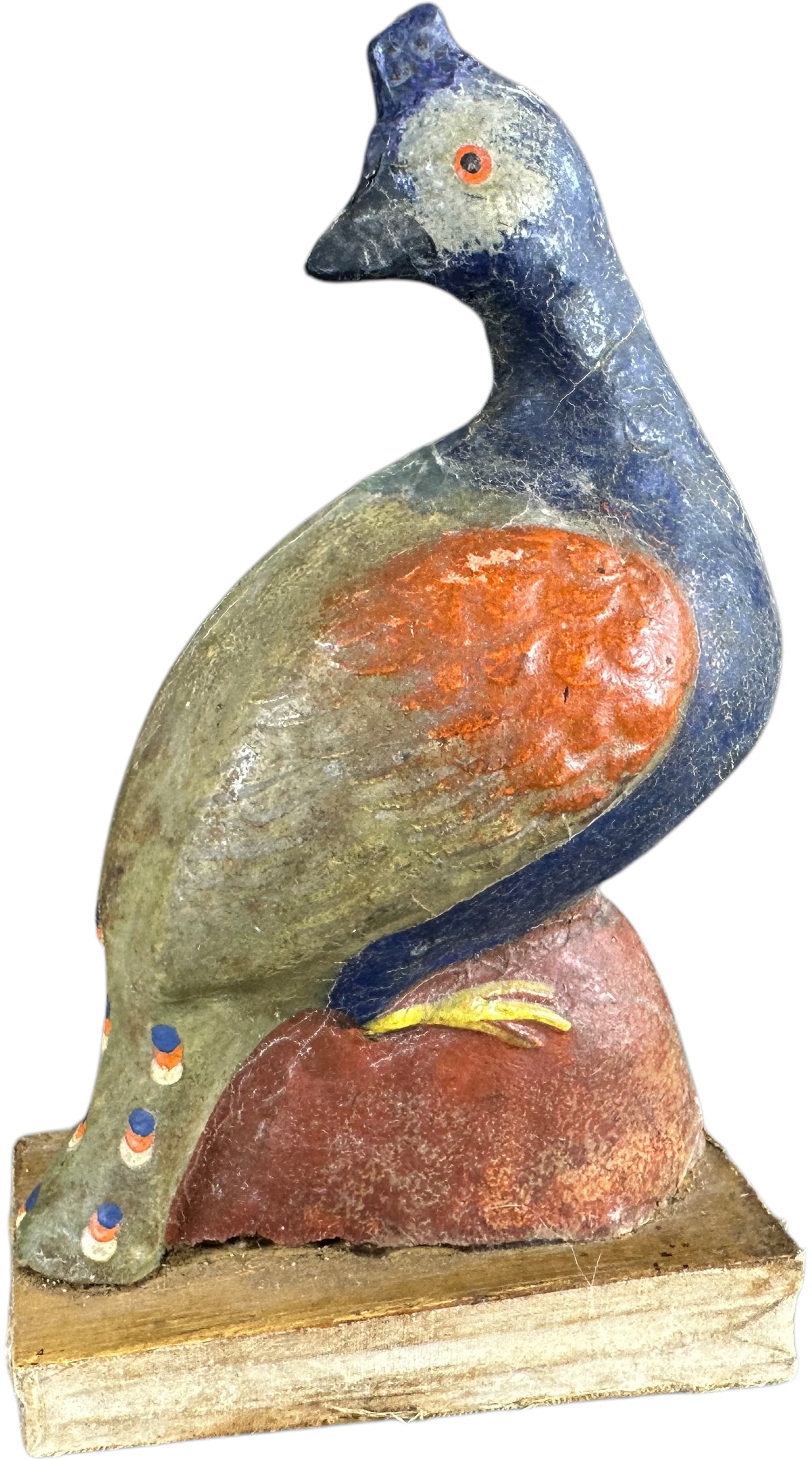 PEACOCK ON ROCK SQUEAK TOY: 120. PEACOCK ON ROCK SQUEAK TOY | Germany, compress bottom bellows for squeak. The Curtis & Linda Smith Collection. 7" h. | Very minor repair at central seam at top of head, (Excellent Condition) | $3