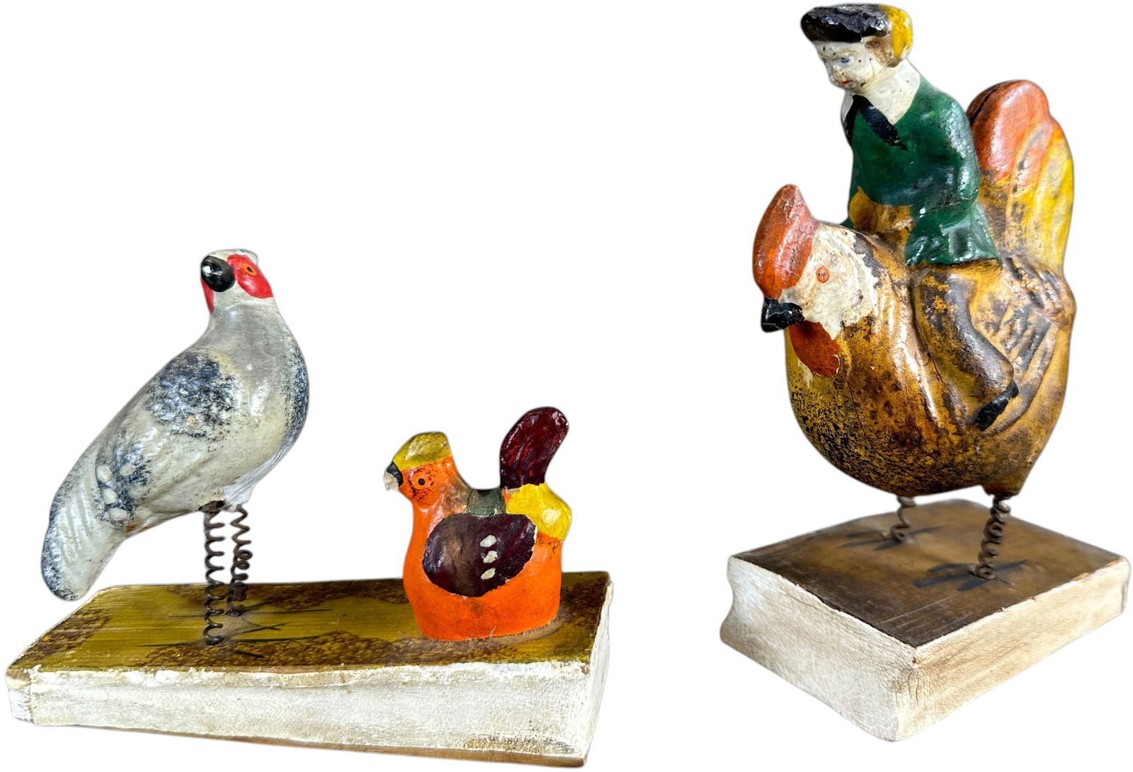 TWO BIRDS W/ SPRING LEGS SQUEAK TOYS: 121. TWO BIRDS W/ SPRING LEGS SQUEAK TOYS | Germany, compress bottom bellows for squeak. The Curtis & Linda Smith Collection. 5.5" h. | (Excellent Condition) | $300 - $600