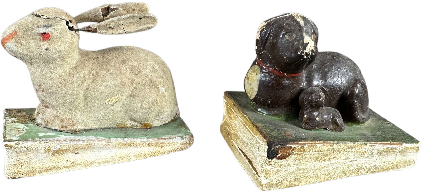 SMALL RABBIT AND DOG SQUEAK TOYS: 126. SMALL RABBIT AND DOG SQUEAK TOYS | Germany, rabbits ears move up and down, compress bottom bellows for squeak. The Curtis & Linda Smith Collection. 3" l. | Some age wear to figures, (Very Good to