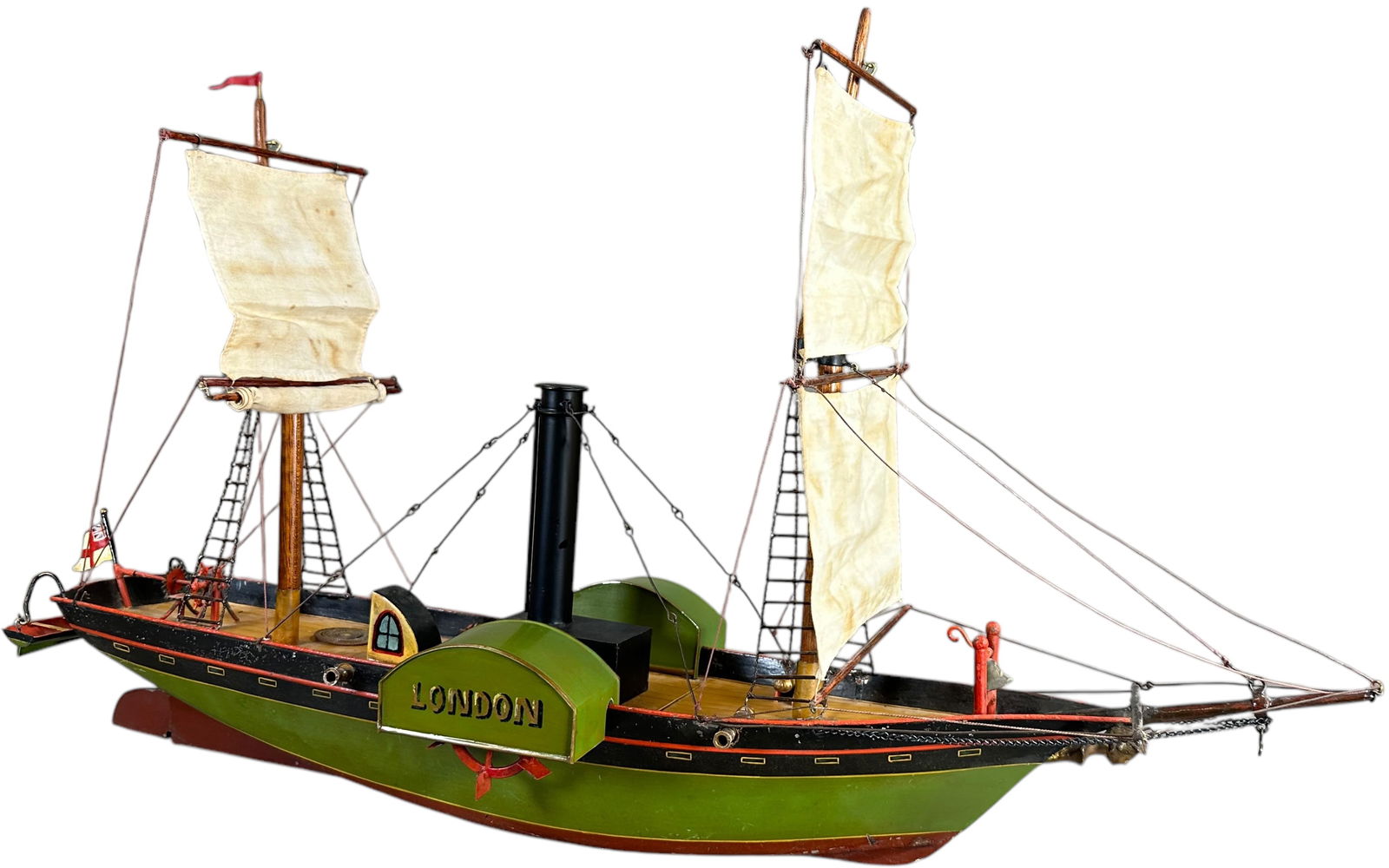 ROCK AND GRANER LONDON: 241. ROCK AND GRANER LONDON | Germany, circa 1880, early and very desirable toy boat, the hull is exceptionally painted in classic RNG colors with simulated wood decking, two tall masts and sails appe