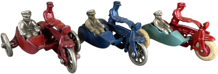 THREE SMALL MOTORCYCLES W/ SIDECARS