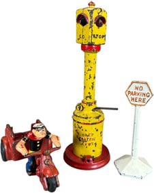 POPEYE SPINACH CART W/ TWO IRON TRAFFIC SIGNS