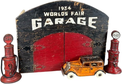 WOODEN 1934 WORLDS FAIR GARAGE W/ SEDAN