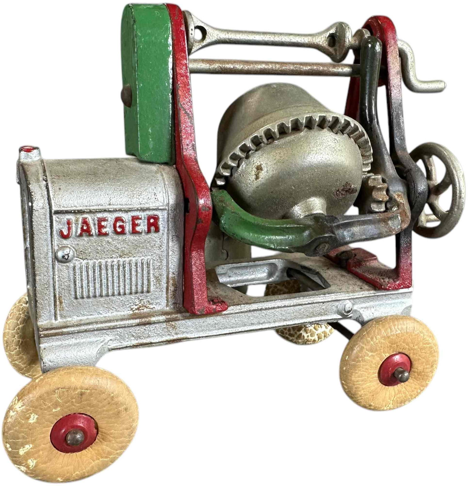KENTON JAEGER CEMENT MIXER: 219. KENTON JAEGER CEMENT MIXER | Rubber tire version. | 7" l. | Weld repair to handle, (Very Good Condition) | $100 - $200
