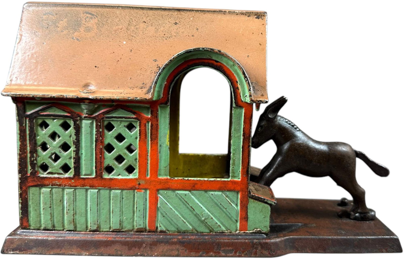 MULE ENTERING BARN MECHANICAL BANK: 420. MULE ENTERING BARN MECHANICAL BANK | J&E Stevens Co. | 8.5" l. | Mules tail is replaced, minor touch-up to side of trough where spring is concealed, missing trap, overall (Very Good Condition) | 