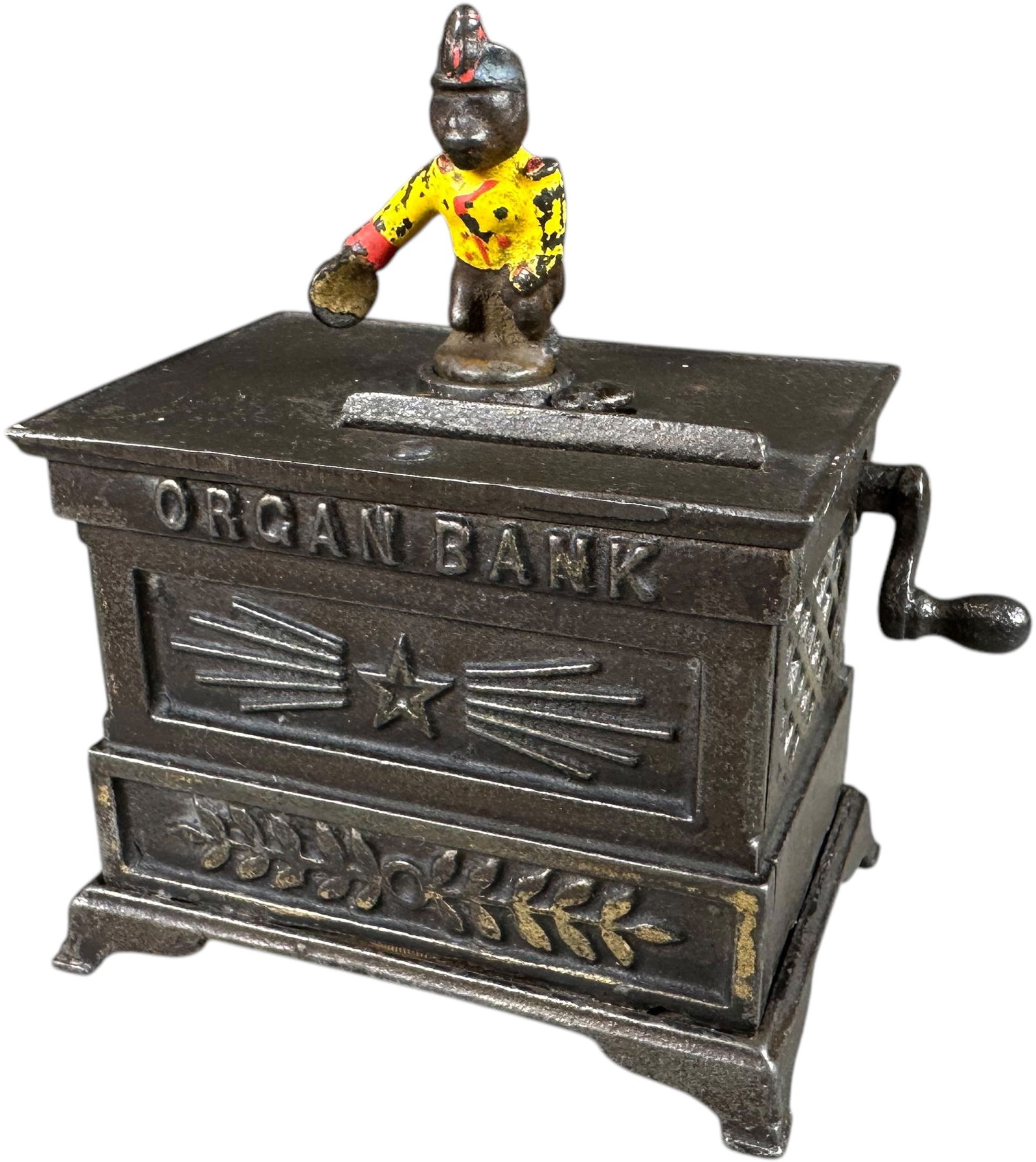 ORGAN BANK MINIATURE MECHANICAL BANK: 438. ORGAN BANK MINIATURE MECHANICAL BANK | Kyser & Rex Mfg. | 4" h. | Turn-pin is replaced, otherwise nice paint in (Excellent Condition) | $250 - $500