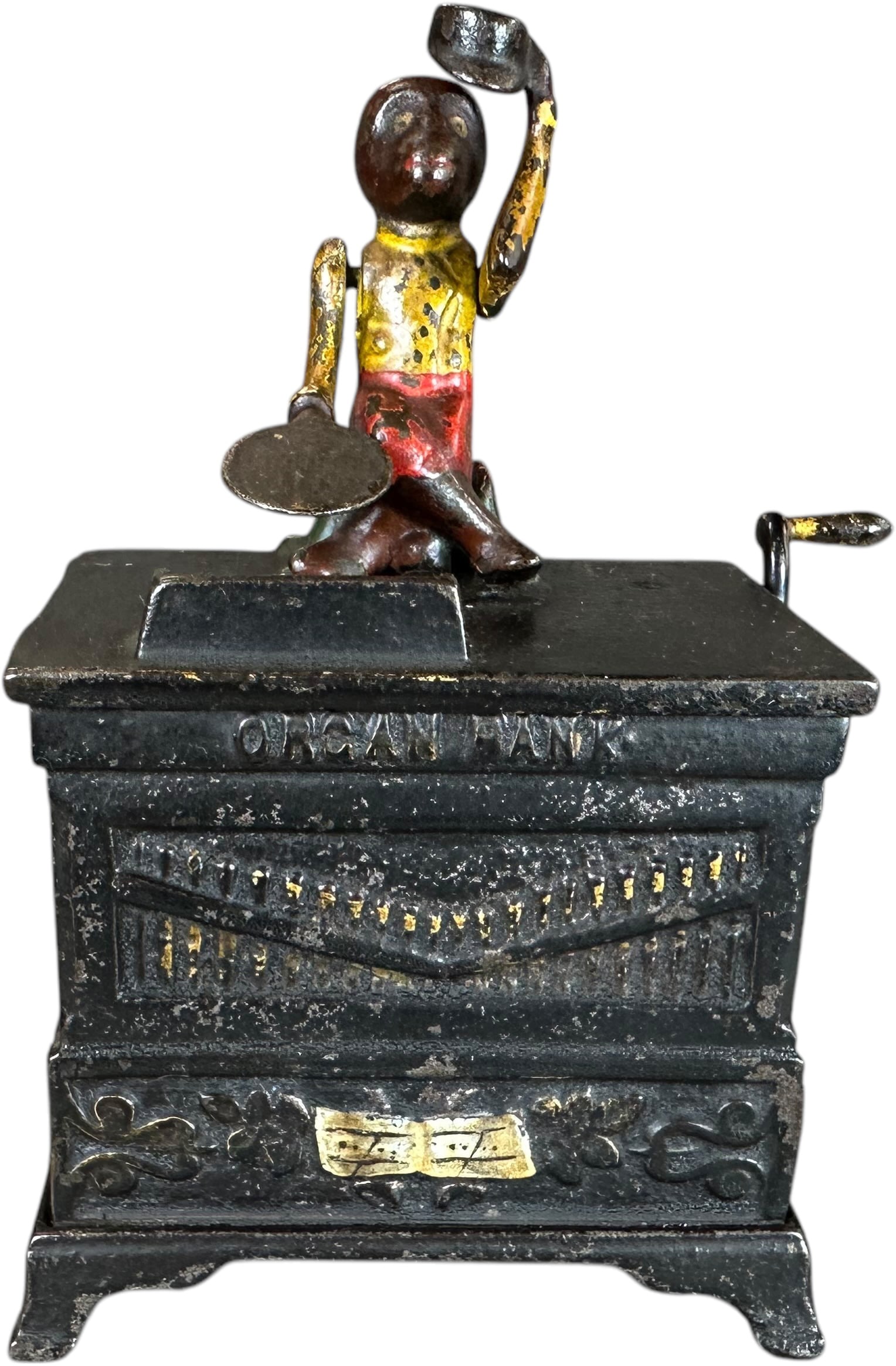 MEDIUM ORGAN BANK MECHANICAL BANK: 439. MEDIUM ORGAN BANK MECHANICAL BANK | Kyser & Rex Mfg. | 4" l. | Could clean up a bit with some elbow grease, complete and original with trap, (Very Good to Excellent Condition) | $300 - $600