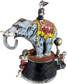 ELEPHANT & THREE CLOWNS MECHANICAL BANK