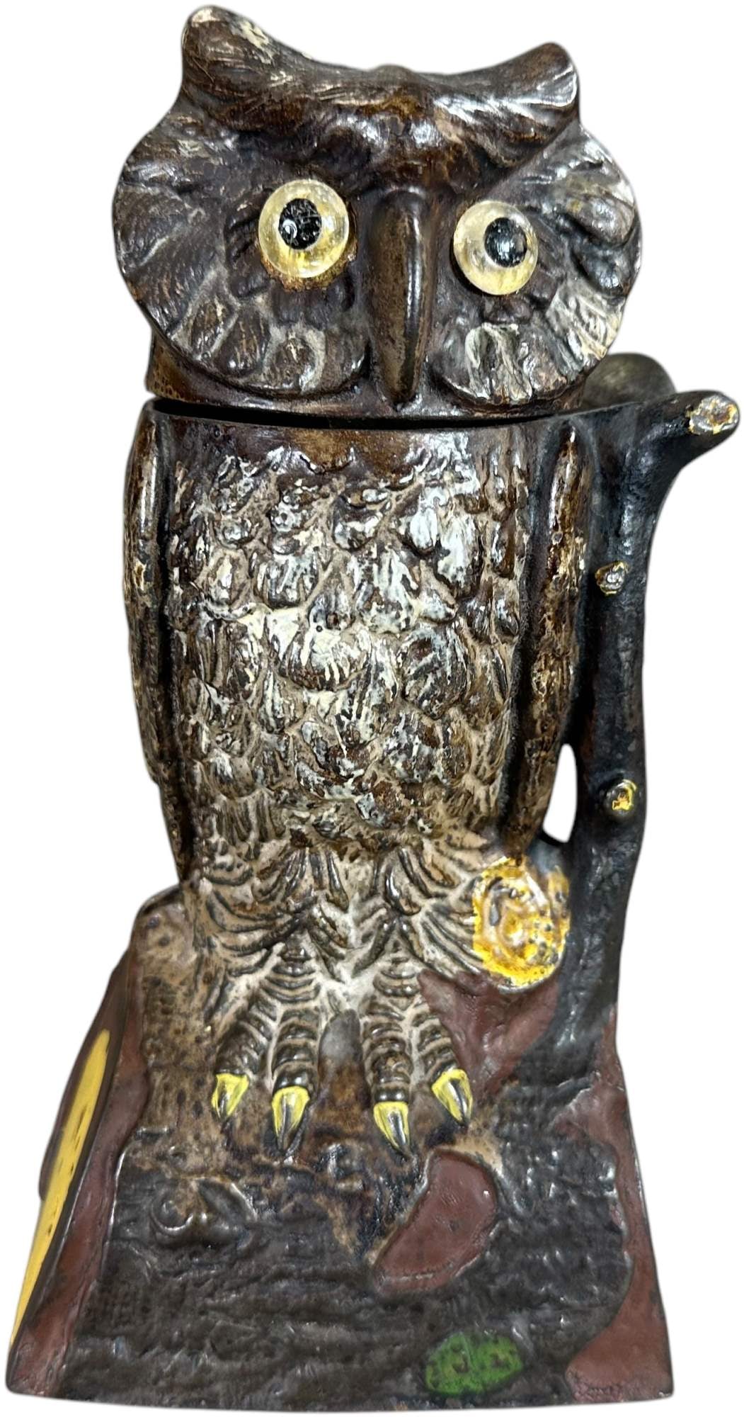 OWL TURNS HEAD MECHANICAL BANK: 495. OWL TURNS HEAD MECHANICAL BANK | J&E Stevens Co. | 7.5" h. | Replaced eyes, (Excellent Condition) | $300 - $600