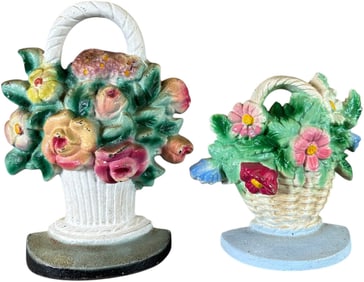 TWO MIXED FLOWER BASKET DOORSTOPS
