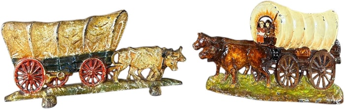 TWO COVERED WAGONS DOORSTOP & LAMP BASES