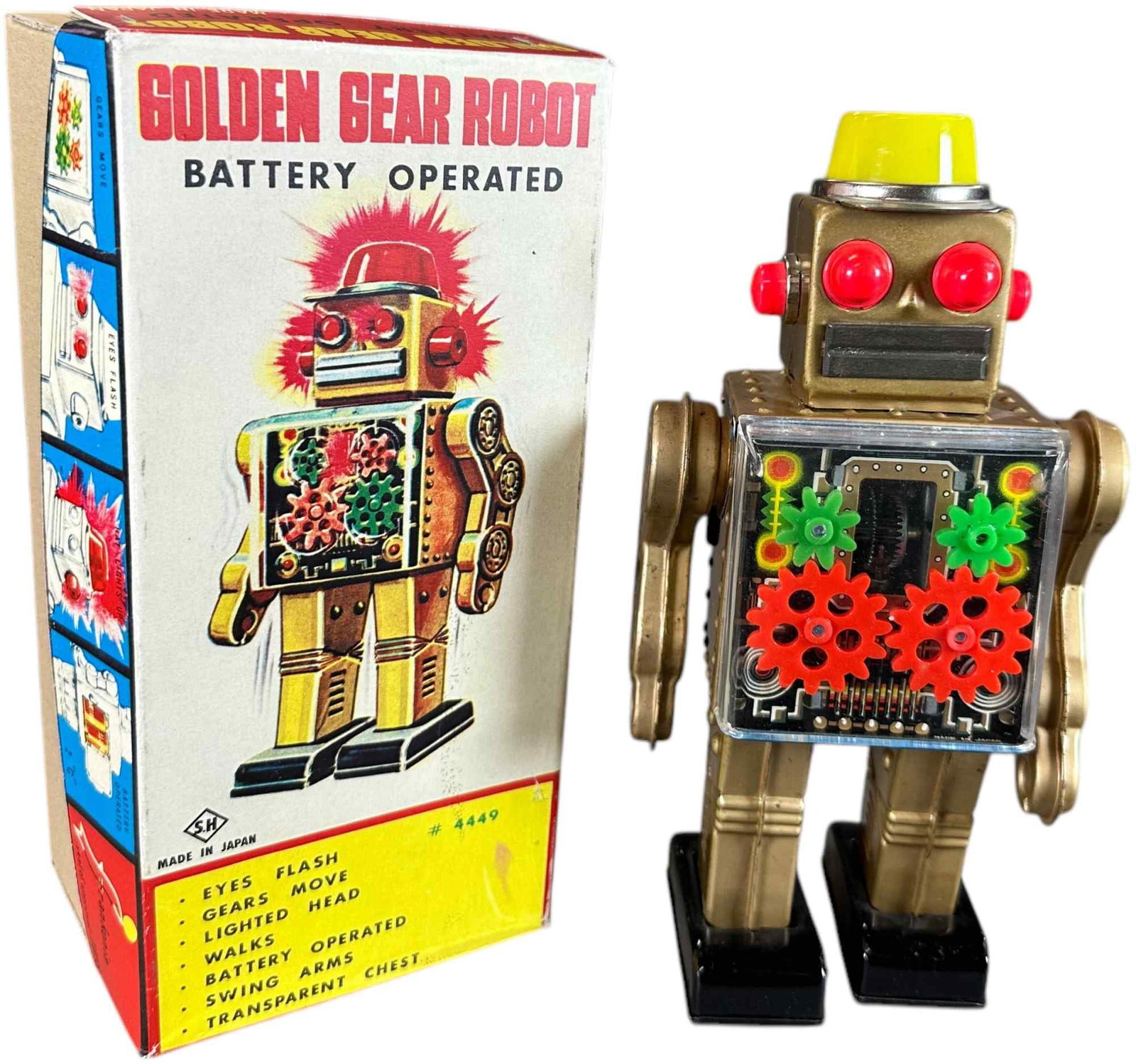 BOXED HORIKAWA SH GOLDEN GEAR ROBOT: 46. BOXED HORIKAWA SH GOLDEN GEAR ROBOT | Japan, battery operated motor causes several motions including flashing eyes, moving gears at stomach, walking and swinging arms. | 9" h. | Box is new, overal