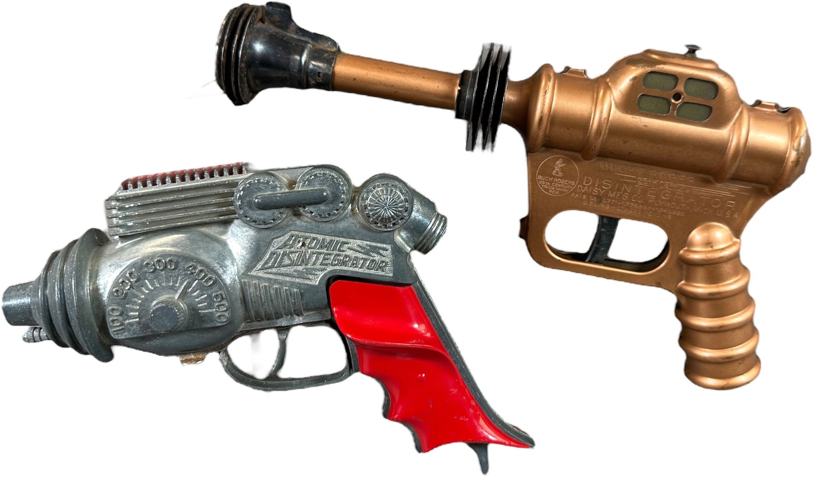 ATOMIC DISINTEGRATOR & BUCK ROGERS ATOMIC PISTOL: 52. ATOMIC DISINTEGRATOR & BUCK ROGERS ATOMIC PISTOL | Atomic Disintegrator is made by Hubley, Buck Rogers made by Daisy Mfg. | 10.5" l. | (Excellent Condition) | $250 - $500