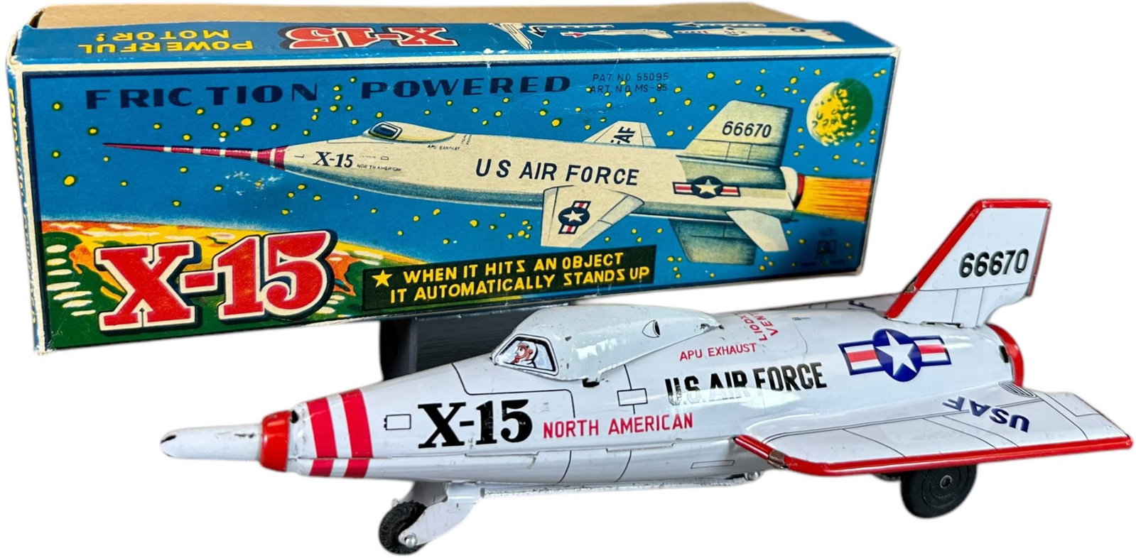 BOXED MASUYA USAF X-15 ROCKET PLANE: 56. BOXED MASUYA USAF X-15 ROCKET PLANE | Japan, friction driven motor propels ship, when it hits an object, the button on the nose releases a lever that stands the ship up vertically. | 9.5" l. | Sli