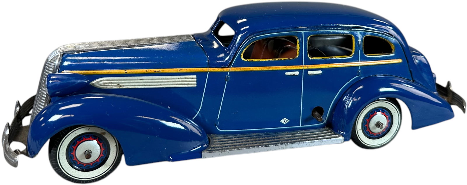 CK KOSUGE 1936 PONTIAC SEDAN: 72. CK KOSUGE 1936 PONTIAC SEDAN | Japan, working wind-up motor. Ex: Ira Bernstein Collection. | 11" l. | Blue fenders and roof are restored, body and wheels are authentic in (Excellent Condition) | $