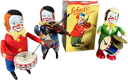 THREE SCHUCO CLOWN MUSICIANS W/ A BOX