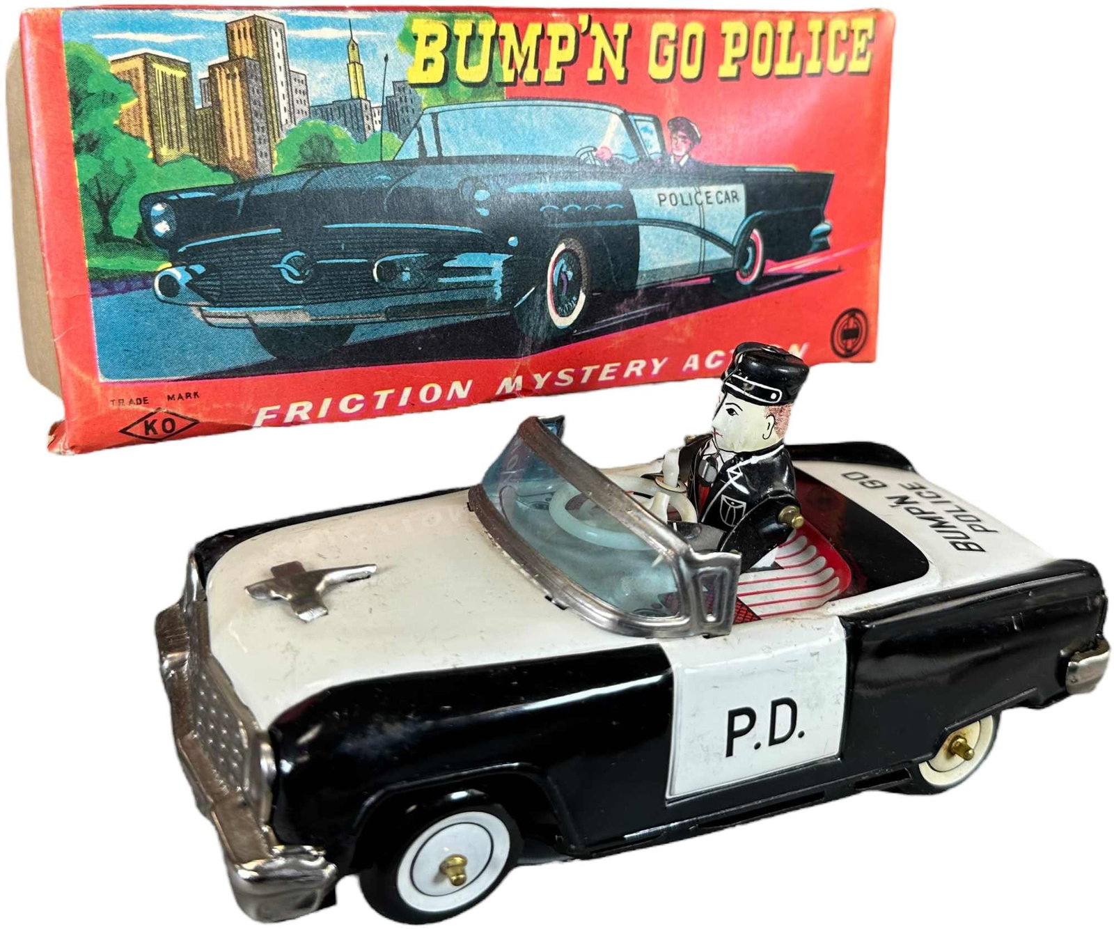 BOXED YOSHIYA KO JAPAN BUMP N GO POLICE: 170. BOXED YOSHIYA KO JAPAN BUMP N GO POLICE | Japan, working motor. | 7" l. | Box is complete with some denting and seam tears, overall (Excellent Condition) | $100 - $200