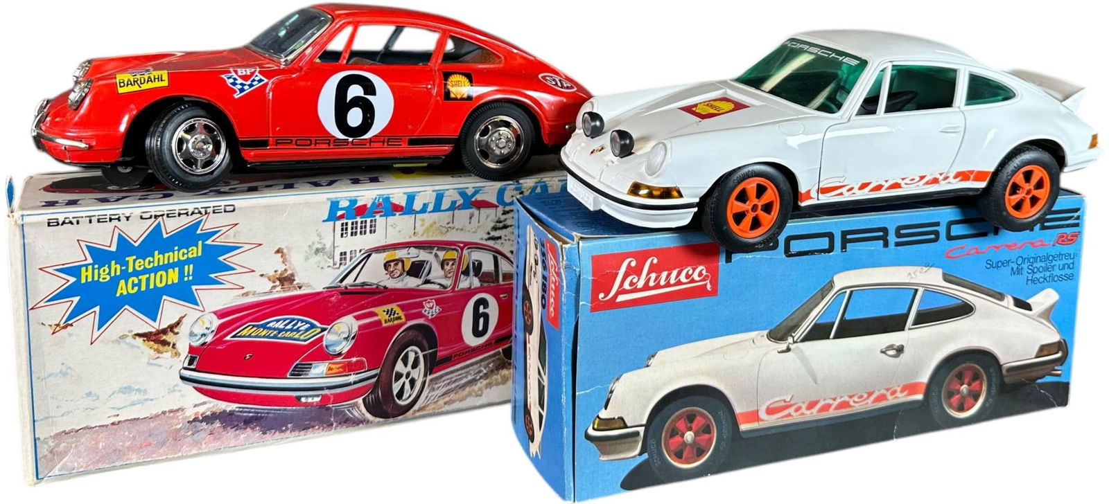 SCHUCO PORSCHE 356 & TPS PORSCHE 911: 189. SCHUCO PORSCHE 356 & TPS PORSCHE 911 | Germany, working friction driven motor. racers | 10" l. | Red car has two spots of factory touch-up at sides of windshield pillars, overall both in (Pristin