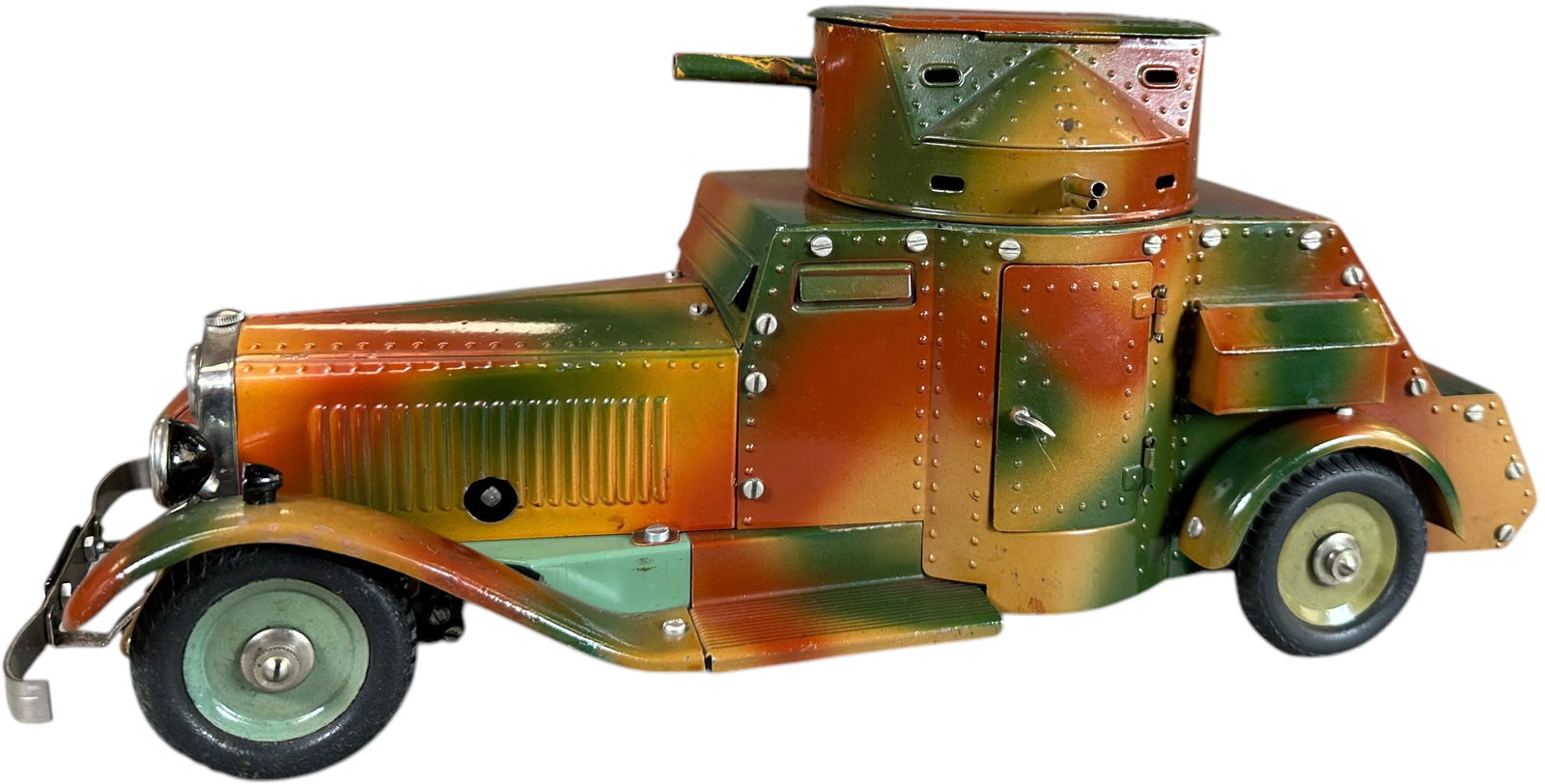 MARKLIN 1930S ARMORED CAR: 205. MARKLIN 1930S ARMORED CAR | Germany. Ex: Ira Bernstein Collection. | 14.5" l. | Some very minor spots of in-painting at fenders that is so minor it almost doesn't merit mentioning, mechanism need