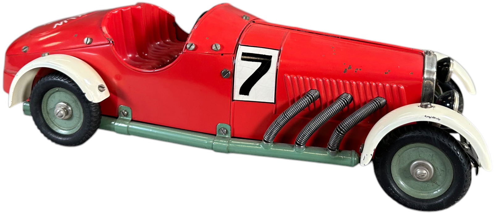 AUTHENTIC ORIGINAL MARKLIN RACER #7: 210. AUTHENTIC ORIGINAL MARKLIN RACER #7 | Germany, wind-up needs adjustment. Ex: Ira Bernstein Collection. | 14" l. | A few paint chips, original example in overall (Excellent to Pristine Condition)