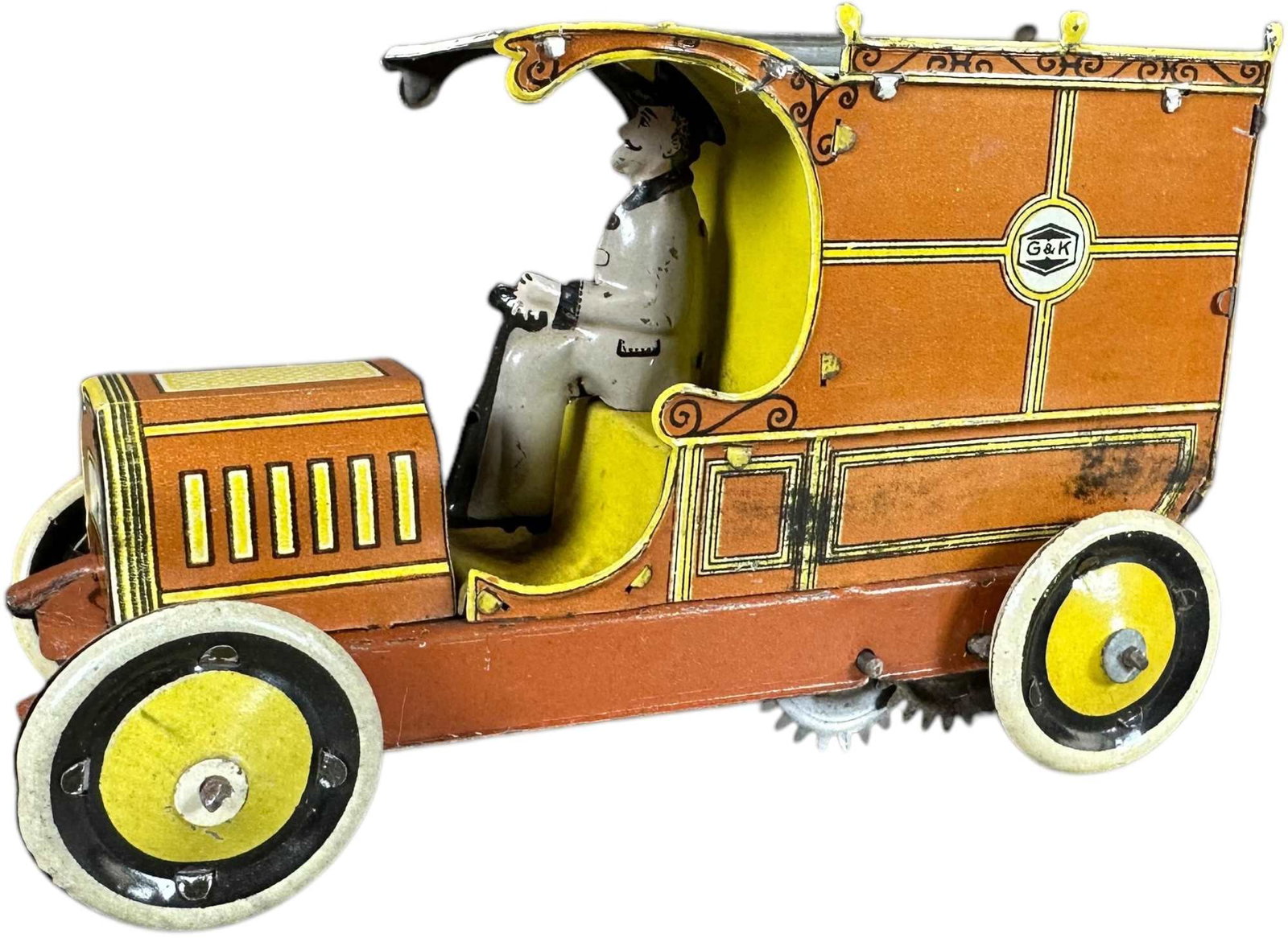 G&K DELIVERY VAN: 244. G&K DELIVERY VAN | Germany. Wind-up motor is working. | 6" l. | Missing one rear door, lithography is original (Excellent Condition) | $250 - $500