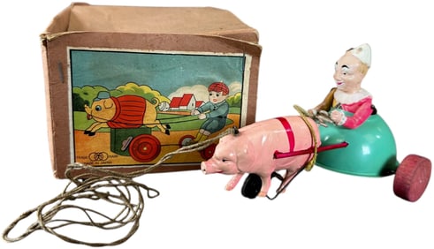BOXED JAPANESE CLOWN PULLED BY CELLULOID PIG