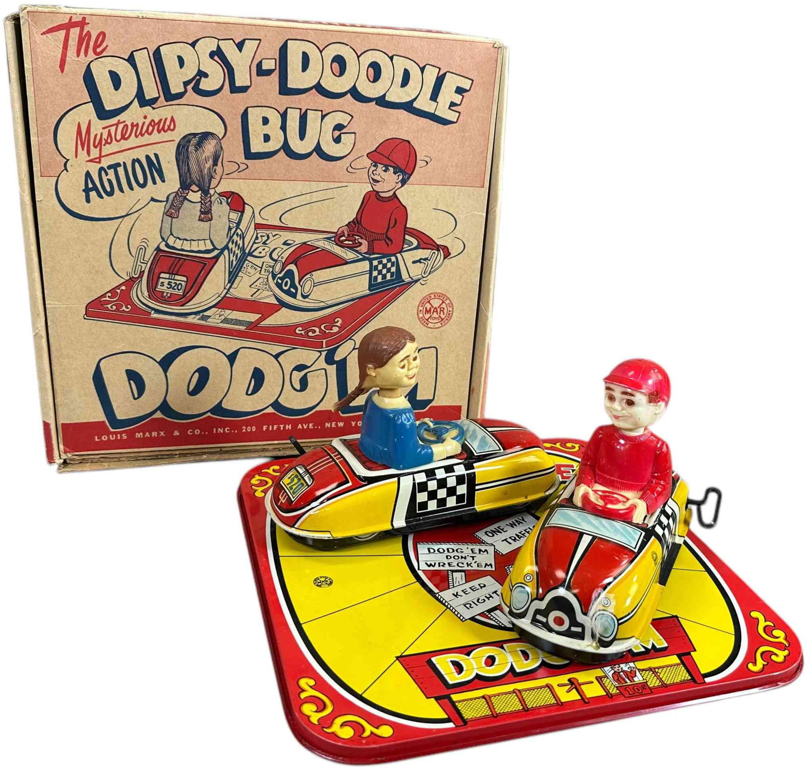 BOXED MARX DIPSY DOODLE BUG SET: 279. BOXED MARX DIPSY DOODLE BUG SET | USA, wind-up motors. | 6" l. car | Box includes cardboard inserts with some tears, box seams have some scotch tape, tinplate toys in (Pristine Condition) | $100