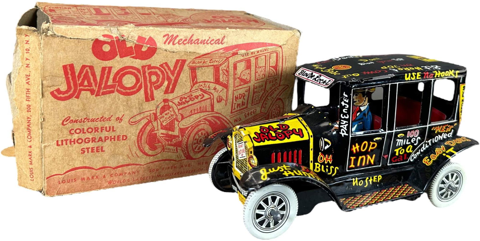 BOXED MARX OLD JALOPY CAR: 353. BOXED MARX OLD JALOPY CAR | USA, wind-up motor. | 7" l. | End flaps on one side detached but present, otherwise has replacement flaps, toy in (Near Mint Condition) | $150 - $300