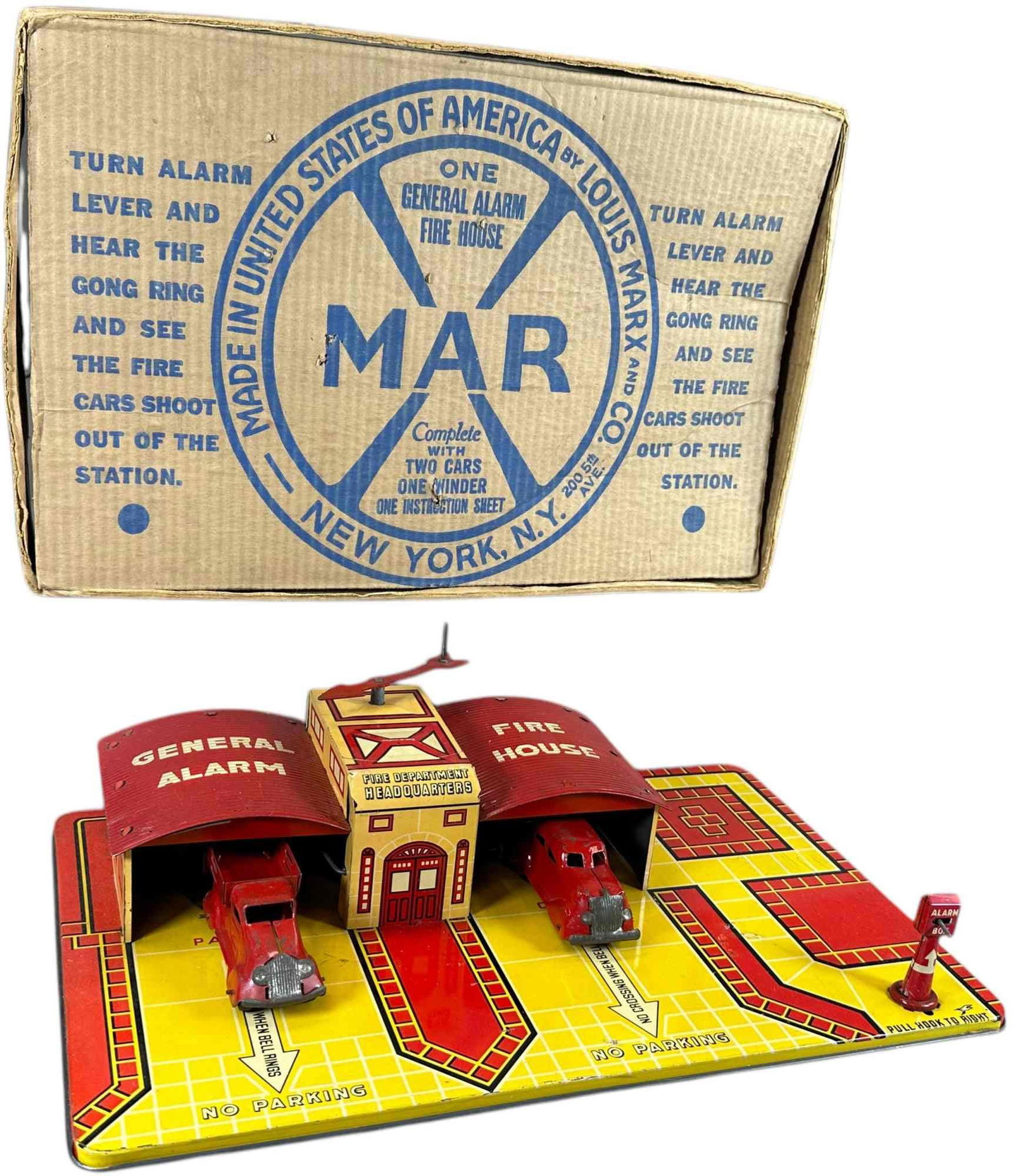 BOXED MARX GENERAL ALARM FIRE HOUSE: 354. BOXED MARX GENERAL ALARM FIRE HOUSE | USA. | 16" l. | (Excellent Condition) | $200 - $400