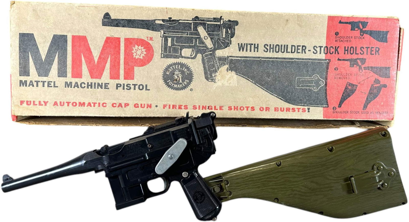BOXED MATTEL MACHINE PISTOL & HOLSTER CAP GUN: 397. BOXED MATTEL MACHINE PISTOL & HOLSTER CAP GUN | 23" l. with shoulder stock | (Excellent Condition) | $150 - $300