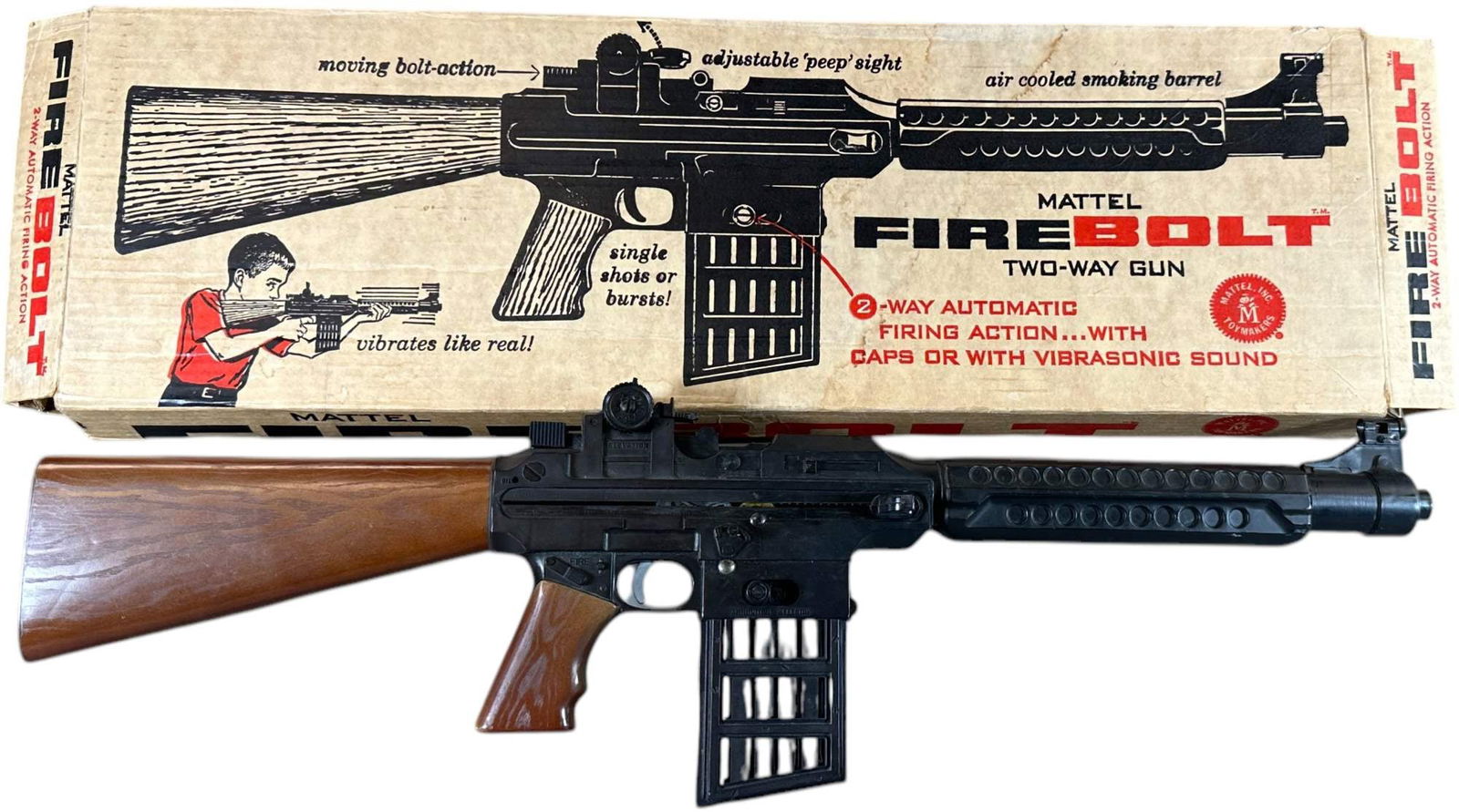 BOXED MATTEL FIRE BOLT NO. 582 CAP GUN: 398. BOXED MATTEL FIRE BOLT NO. 582 CAP GUN | 26.5" l. | "Peep" site has minor glue repair, (Excellent Condition) | $250 - $500