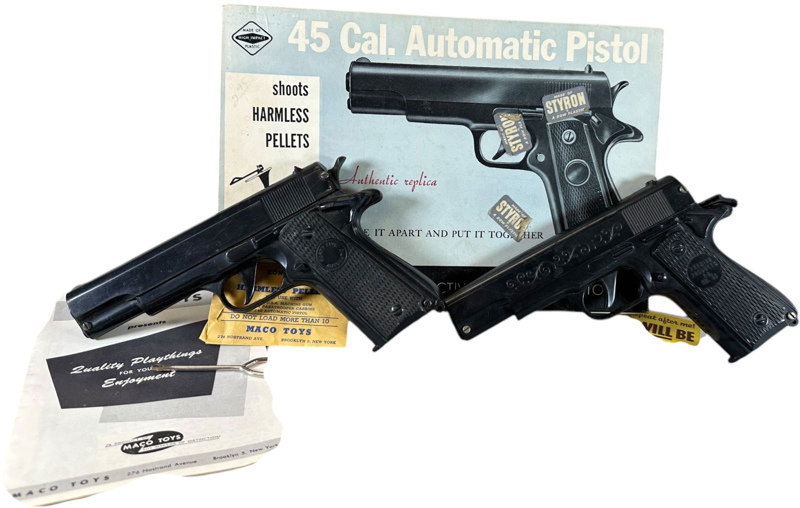 BOXED MACO 45 & PREMIER 45 CAP GUNS: 399. BOXED MACO 45 & PREMIER 45 CAP GUNS | Premier 45 with clip and bullets. | 8.5" l. | Maco 45 missing clip, spring return on one hammer is damaged, otherwise (Excellent Condition) | $150 - $300